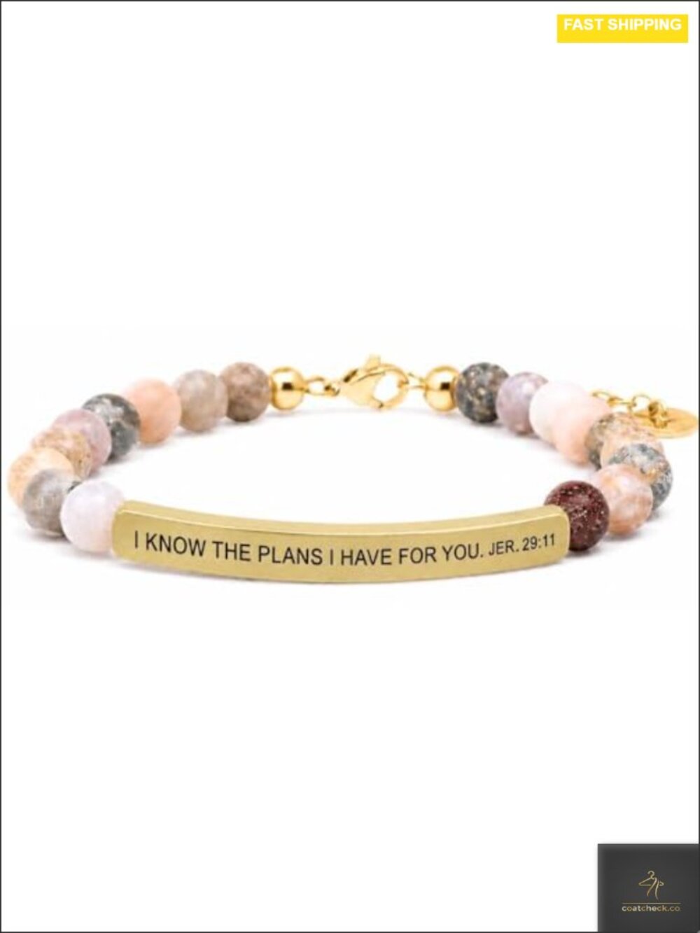Christian Scripture Bracelet Natural Bamboo Agate Stretch Fit Stainless Steel